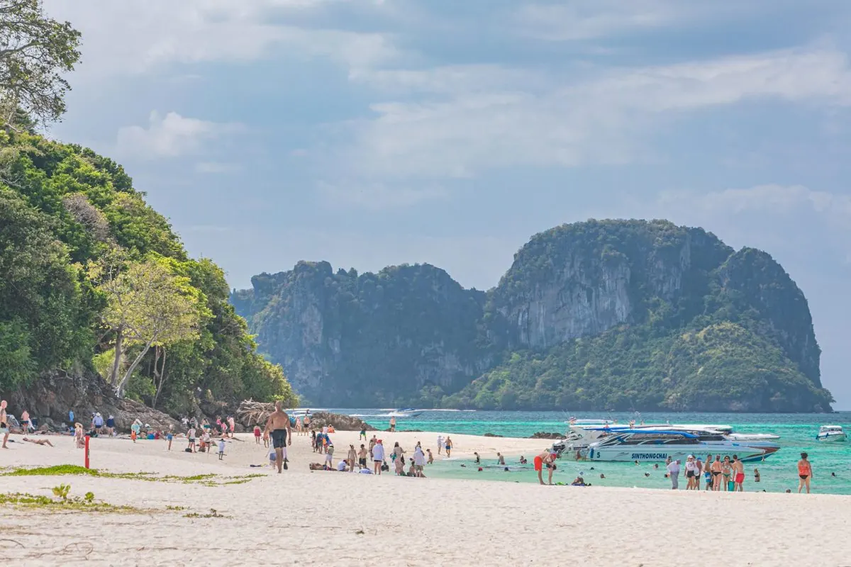 Bamboo Island beach with Phi Phi cliffs behind