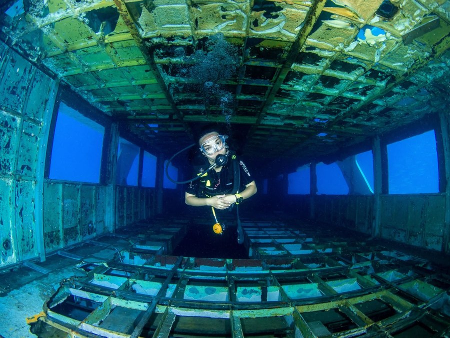 Diver exploring inside a wreck
