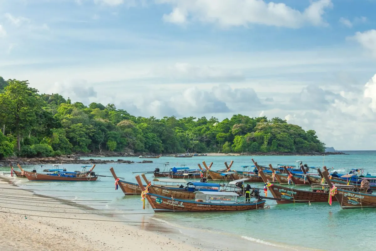 Long-tail boats on the beach at Phi Phi Don