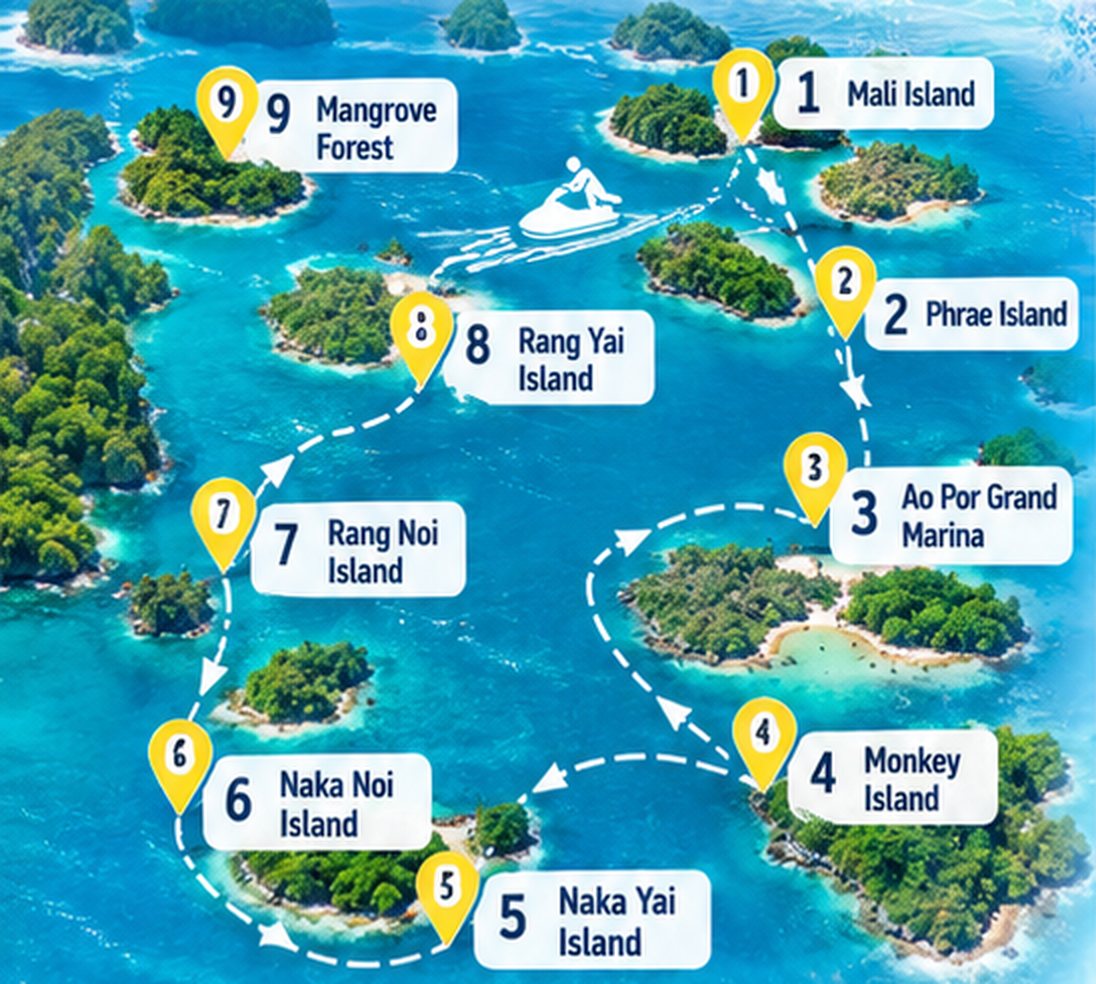 Map of the 9-stop jet ski route from Mali Island to the Mangrove Forest